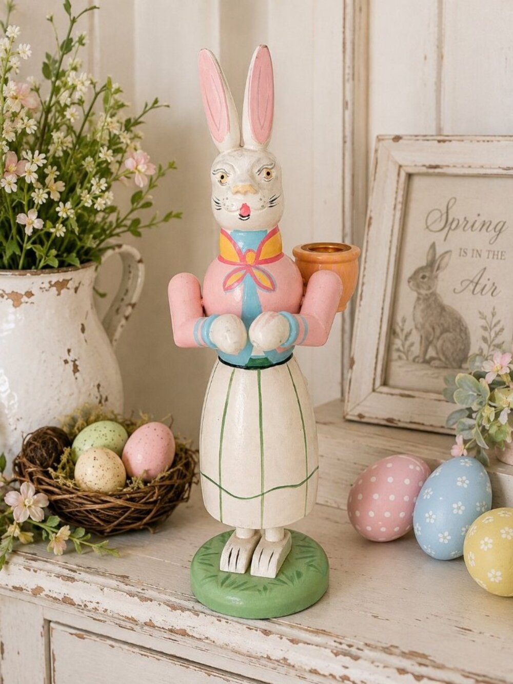 Vintage Folk Art Wooden Easter Bunny Rabbit Taper Candle Holder 11" Hand Painted